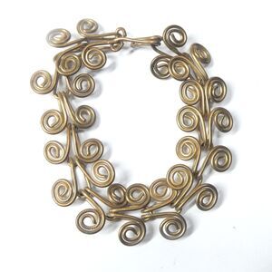 Brass Wire Scroll Statement Bracelet Vintage Modernist Patina